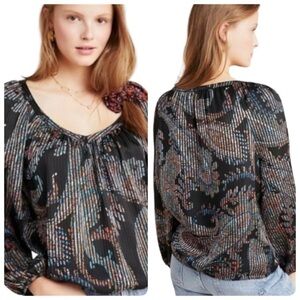 Anthropologie Maeve Top Blouse Crinkle Balloon Sleeve Black 70s Disco Vi…